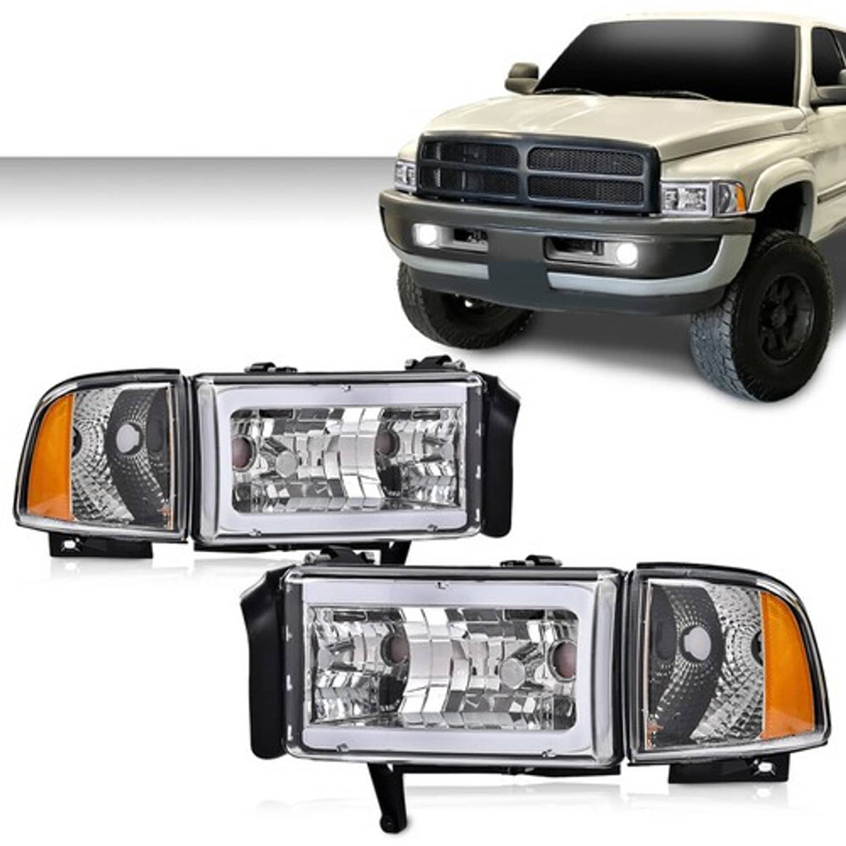 Solid Spare Fit For 1994-02 Dodge Ram 1500 2500 3500 Chrome Headlights LED Tube C Light Bar