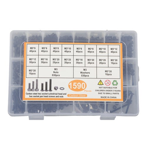Solid Spare 1590Pcs M3 Screw Kit with Hex Button & Socket Head Bolts, Nuts and Washers