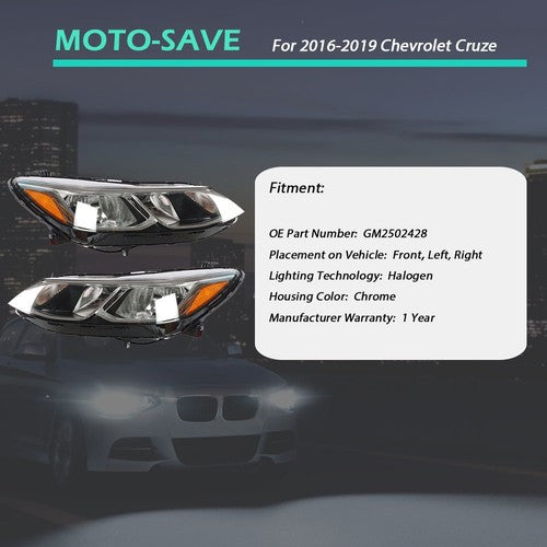 Solid Spare Headlights Fit For Chevrolet Cruze Sedan 2016-2019 Pair Set L+R Waterproof