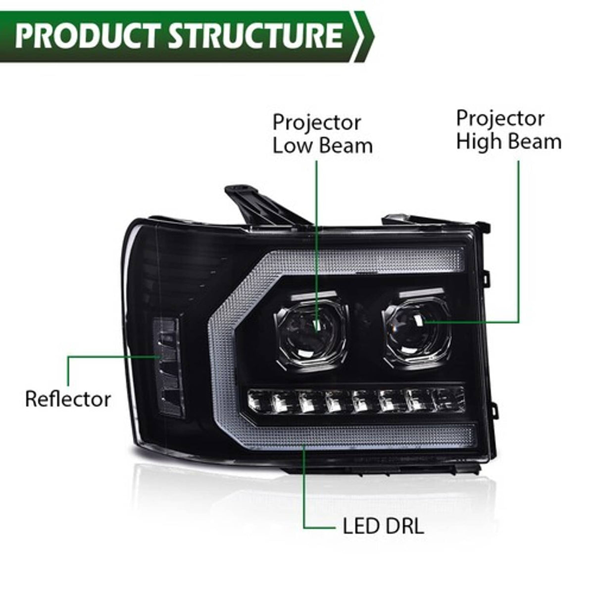 Solid Spare Fit For 07-2013 GMC Sierra 1500 2500HD 3500HD LED DRL Projector Headlight Black