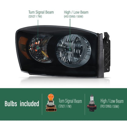 Solid Spare Fit For 06-08 Dodge Ram 1500/2006-2009 Ram 2500 3500 Smoke Black Headlights