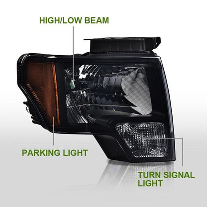 Solid Spare Fit For 2009-2014 Ford F-150 Pickup Smoke Headlights + Clear LED Tail Lights