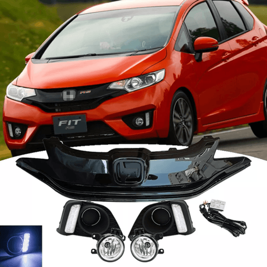 Solid Spare For 2015-2017 Honda Fit Jazz LED DRL Driving Fog Lights Lamps&Upper Grille Grill
