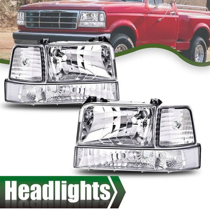 Solid Spare Fit For 92-96 Ford F-150 Bronco Chrome Headlights+Clear Reflector Bumper Lamps