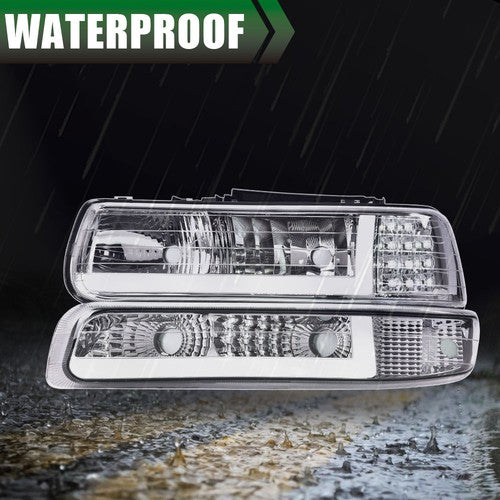 Solid Spare LED DRL Chrome Headlights+bumper Lamps Fit For 99-02 Chevy Silverado 00-06 Tahoe