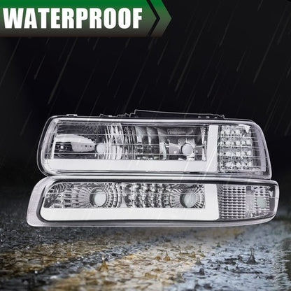 Solid Spare LED DRL Chrome Headlights+bumper Lamps Fit For 99-02 Chevy Silverado 00-06 Tahoe