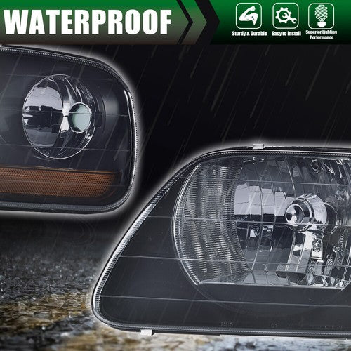 Solid Spare Black Headlights+Amber Corner Lights Fit For 97-03 Ford F150/99-02 Expedition