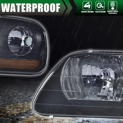 Solid Spare Black Headlights+Amber Corner Lights Fit For 97-03 Ford F150/99-02 Expedition