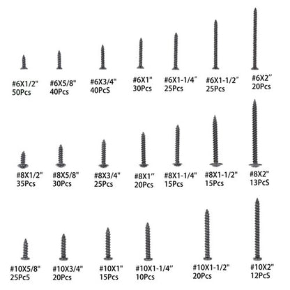 Solid Spare 485× Black Wood screws kits #6 #8 #10 (Flat, Truss, Phillips Round Head)