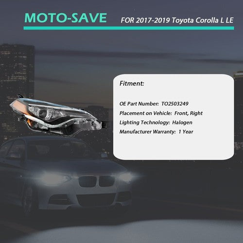 Solid Spare For Toyota Corolla L LE Eco 2017-2019 Headlight Replacement Halogen Clear Lens R