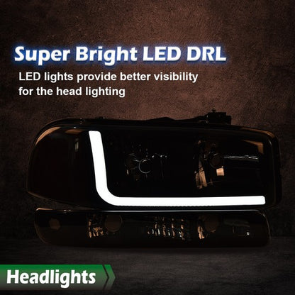 Solid Spare Fit For 1999-2007 GMC Sierra/Yukon Smoke Amber LED DRL Headlights+Bumper Lamps