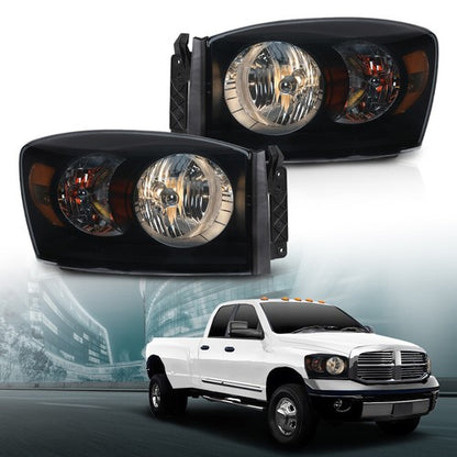Solid Spare Fit For 06-08 Dodge Ram 1500/2006-2009 Ram 2500 3500 Smoke Black Headlights
