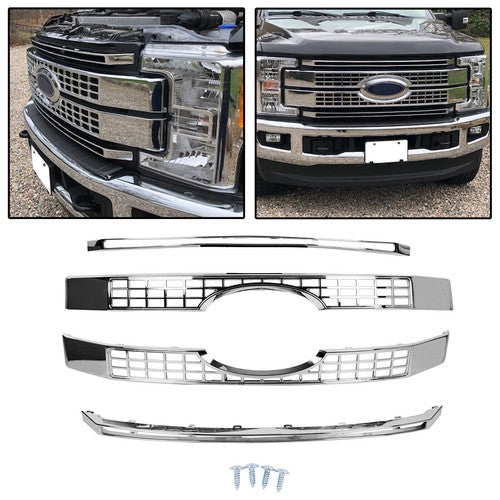 Solid Spare For 17-19 Ford F250 F350 F450 Super Duty Chrome Grille Full Overlay Cover Trim