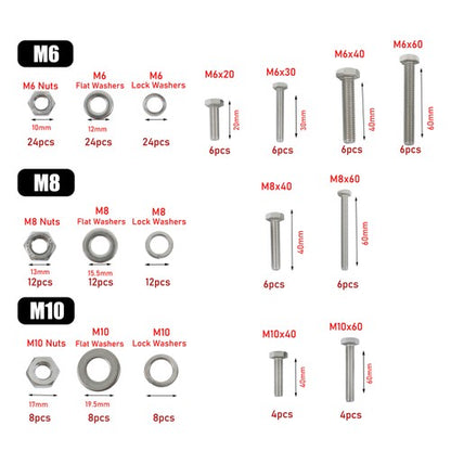 Solid Spare 176 Pieces M6 M8 M10 Bolts and Nuts Flat Washers Combination Kit Stainless Steel