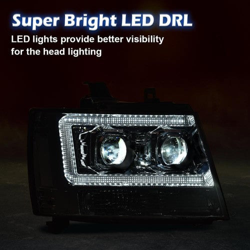 Solid Spare Fit For 2007-2014 Avalanche Tahoe Suburban LED Projector Headlights Smoke Chrome