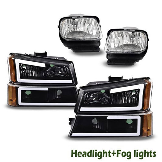 Solid Spare Fit For 2003-2006 Chevy Silverado Avalanche LED DRL Black Headlights+Fog Lights