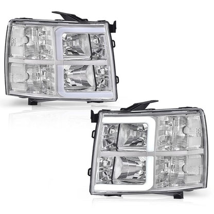Solid Spare Fit For 2007-2013 Chevy Silverado LED DRL Tube Headlights Headlamps Chrome/Clear