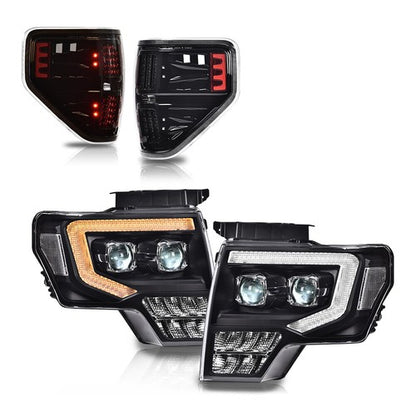 Solid Spare Dual LED Projector Headlights + Tail Lights Fit For 2009-2014 Ford F-150 Pickup