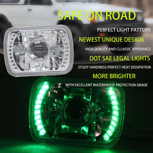 5X7  7X6  Green LED Rectangle Crystal Clear Projector Headlights Headlamp