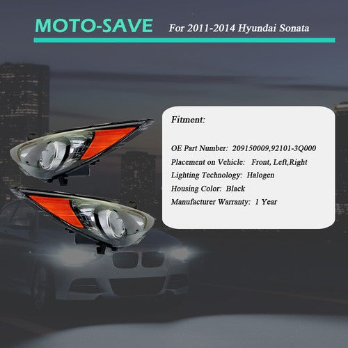 Solid Spare Black Headlights Headlamps Housing Right&Left Side For Hyundai Sonata 2011-2014