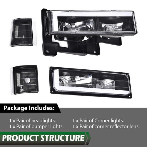 Solid Spare Clear Black LED Tube Headlights Fit For 94-00 Chevy GMC C/K Suburban Blazer
