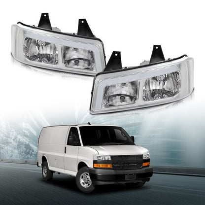 Solid Spare LED DRL Headlights Chrome Fit For 2003-2023 Chevrolet Express GMC Savana Van