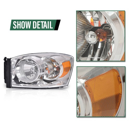 Solid Spare Fit For 06-08 Dodge Ram 1500/06-09 Ram 2500 3500 Amber Chrome Headlight Left