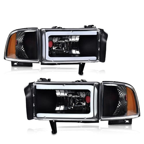 Solid Spare Amber Corner Black LED DRL Headlights Fit For 94-02 Dodge Ram 1500 2500 3500