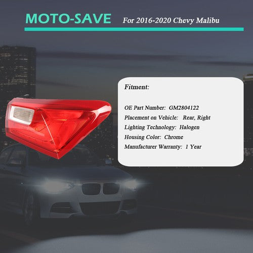 Solid Spare Tail Light Lamp Red Outer Replace Passenger RH Side For 2016-2021 Chevy Malibu