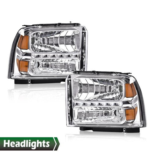 Solid Spare Fit For 05-07 Ford F250 F350 F450 F550 Super Duty LED DRL Headlights Chrome
