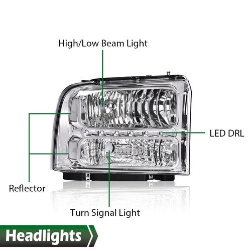 Solid Spare Fit For 05-07 F250 F350 F450 F550 Super Duty Clear Chrome LED DRL Headlights