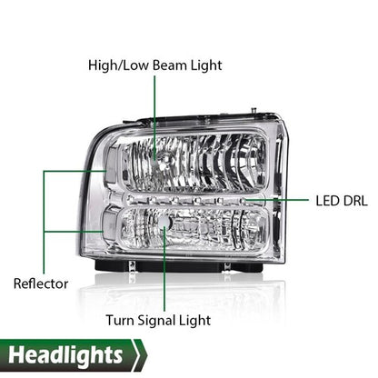 Solid Spare Fit For 05-07 F250 F350 F450 F550 Super Duty Clear Chrome LED DRL Headlights