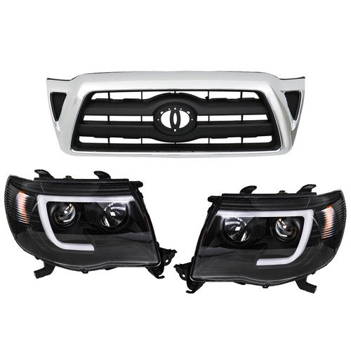 Solid Spare Pair Headlights Front Grille Chrome Shell W/Black Insert For 05-11 Toyota Tacoma
