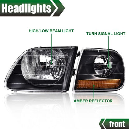 Solid Spare Fit For 97-03 Ford F150/99-02 Expedition Black Headlights+Corner Lights Pair