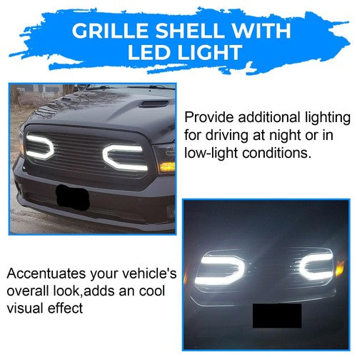 Solid Spare Front Upper Big Horn Black Grille Shell With Light For 2013-2018 Dodge Ram 1500