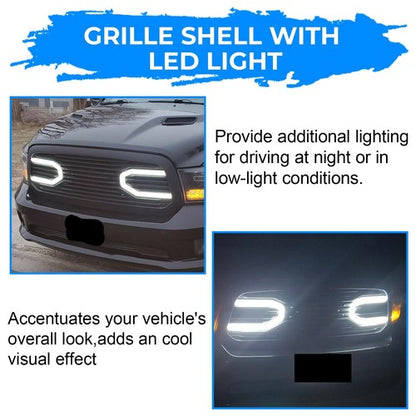 Solid Spare Front Upper Big Horn Black Grille Shell With Light For 2013-2018 Dodge Ram 1500