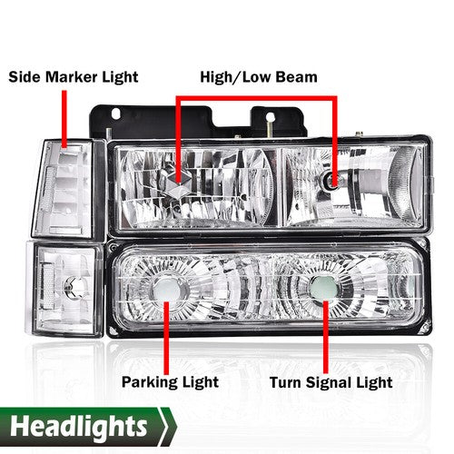Solid Spare Fit For 94-99 Chevy C/K 1500/2500/3500 Chrome Housing Headlights Clear Reflector
