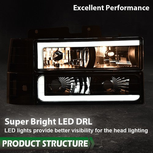 Solid Spare Clear Black LED Tube Headlights Fit For 94-00 Chevy GMC C/K Suburban Blazer