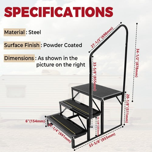 Solid Spare 660lbs Anti-Slip 3 Step Stair W/ Handrail For RV Camper Hot Tub Portable