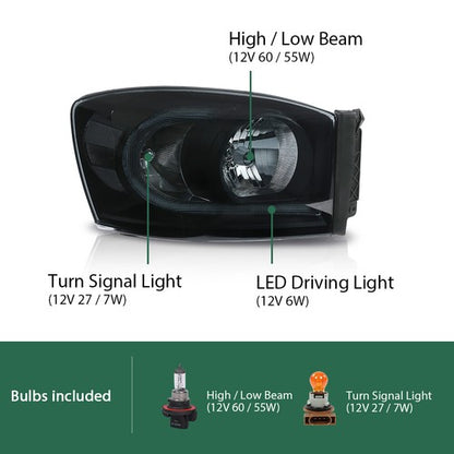 Solid Spare Black/Smoke LED DRL Headlights Headlamps Fit For 06-09 Dodge Ram 1500 2500 3500