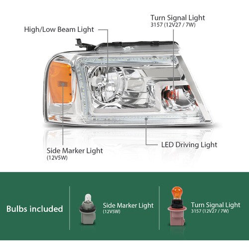 Solid Spare Fit For 2004-2008 Ford F150 Lincoln Mark LT Clear/Chrome LED Tube Headlights
