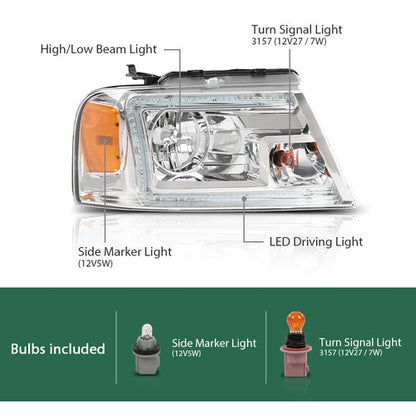 Solid Spare Fit For 2004-2008 Ford F150 Lincoln Mark LT Clear/Chrome LED Tube Headlights