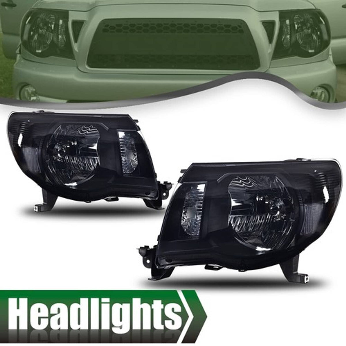 Solid Spare Smoke/Black Headlights Assembly Left & Right Fit For 2005-2011 Toyota Tacoma