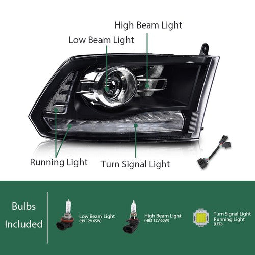 Solid Spare LED DRL Projector Headlights w/ Harness Fit For 09-18 Ram 1500 2500 3500 Black