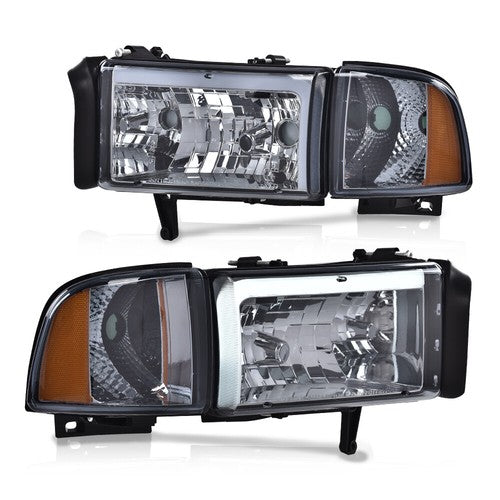 Solid Spare Fit For 1994-2002 Dodge Ram 1500 2500 3500 Smoke/Amber LED Tube Headlights