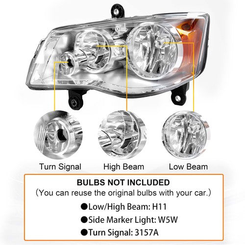 Solid Spare For 2011-2019 Dodge Grand Caravan 2008-16 Chrysler Town & Country Headlights Set