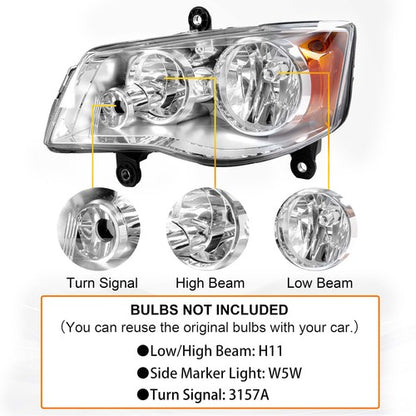 Solid Spare For 2011-2019 Dodge Grand Caravan 2008-16 Chrysler Town & Country Headlights Set