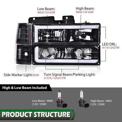 Solid Spare Clear Black LED Tube Headlights Fit For 94-00 Chevy GMC C/K Suburban Blazer