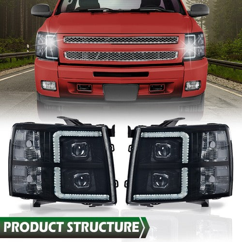 Solid Spare Fit For 2007-2013 Chevy Silverado Smoked Dual LED DRL Strip Projector Headlights