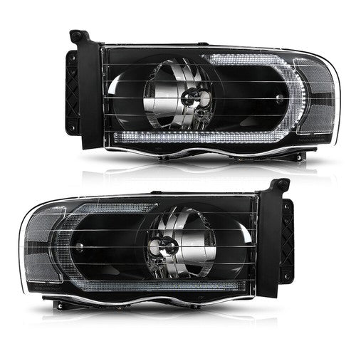 Solid Spare Clear/Black LED Tube DRL Headlights Fit For 2002-2005 Dodge Ram 1500 2500 3500